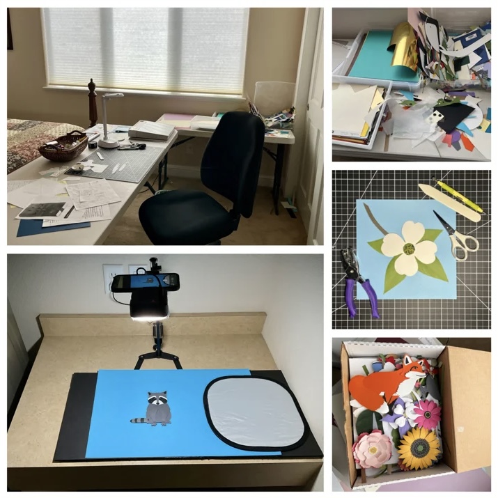 Behind the scenes — Debby's studio workspace, paper cutting process, and photography setup